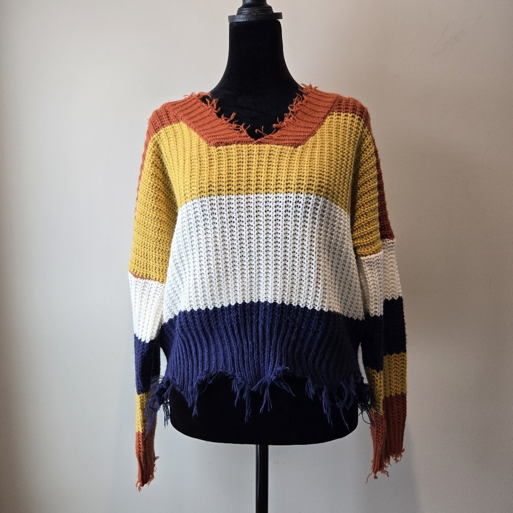 Main Strip Sweater Women's Acrylic Soft Knit Colorblock Cropped Raw Hem Small